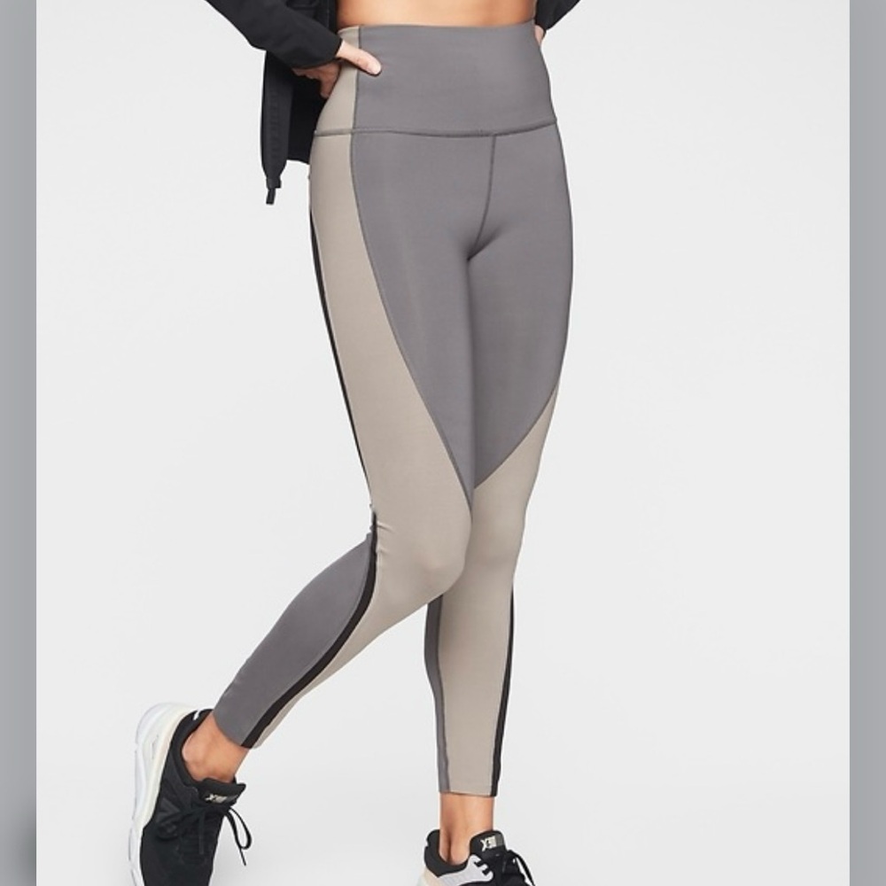 Athleta High-Waisted Leggings Color-Blocking stripe colorblock grey tan black